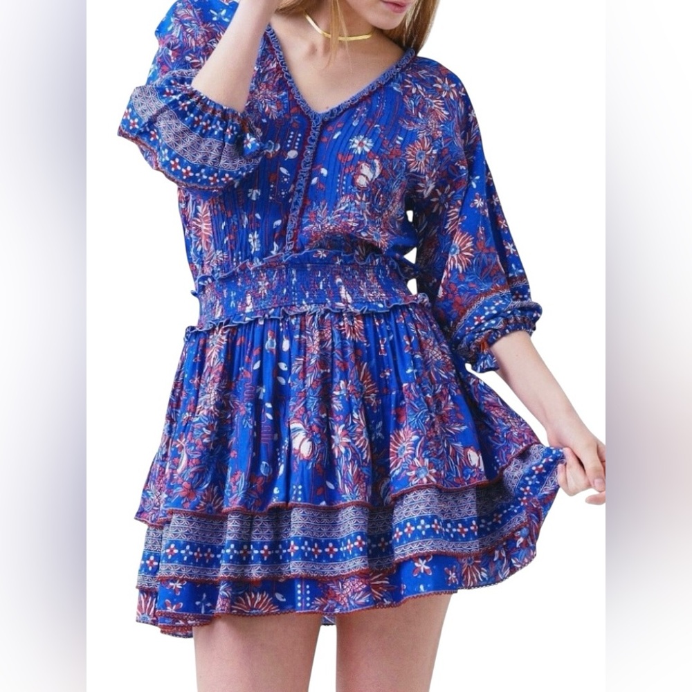 Poupette St. Barth Cotton Floral Long Sleeve V-Neck Smocked Waist Mini Dress - Picture 1 of 7